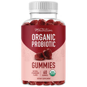 SMNutrition Organic Probiotics Gummies bottle front, strawberry flavor, convenient daily use