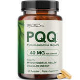 SMNutrition PQQ supplement bottle closeup highlighting 40 mg potency for mitochondrial support.