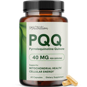 SMNutrition PQQ supplement bottle closeup highlighting 40 mg potency for mitochondrial support.