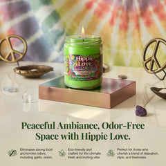 Smoke Odor Exterminator Hippie Love close-up label reveals enzyme-based odor removal