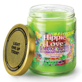 Smoke Odor Exterminator Hippie Love candle front view shows branding and odor control potential