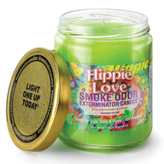 Smoke Odor Exterminator Hippie Love candle front view shows branding and odor control potential