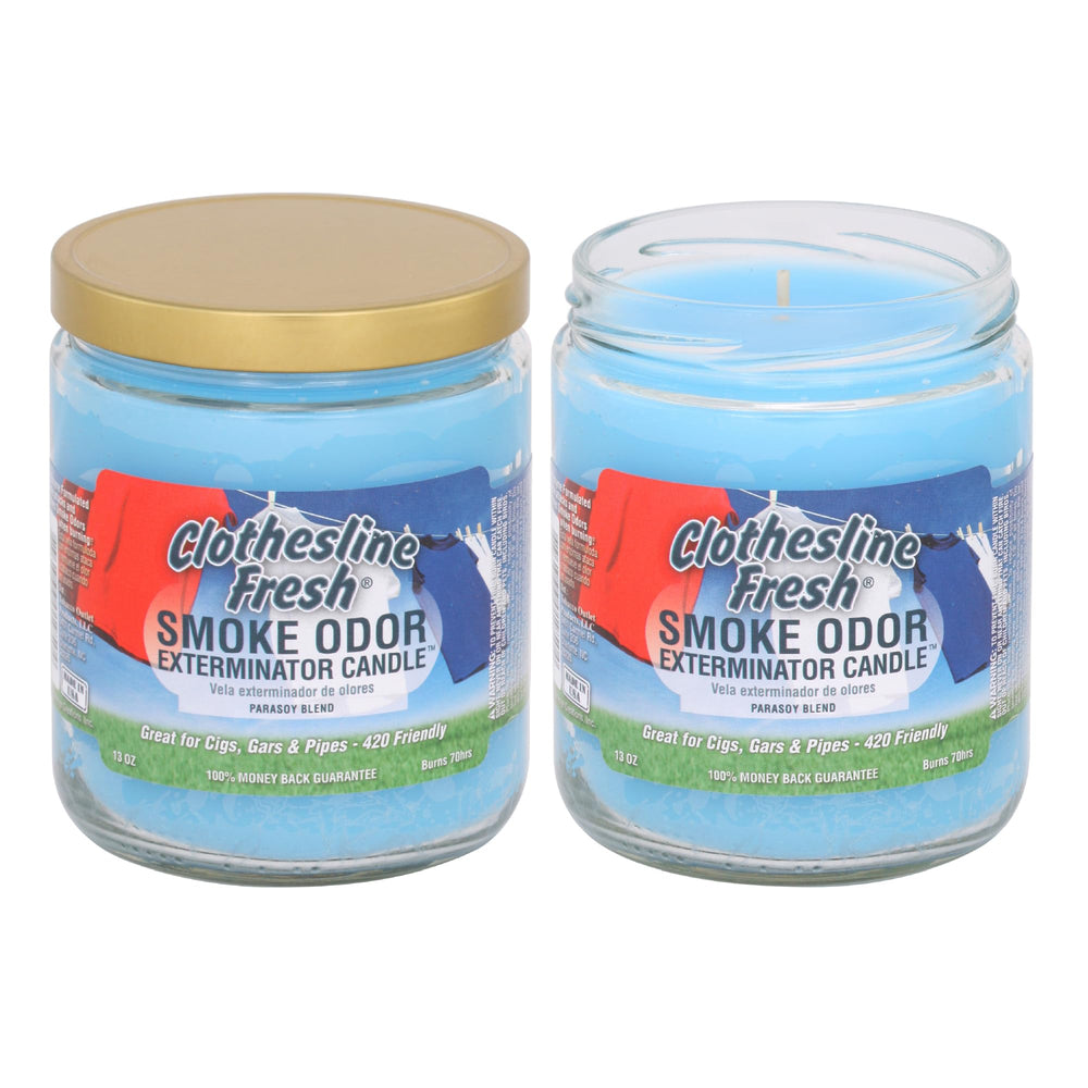 Smoke Odor Exterminator clothesline fresh jar candle neutralizes cigarette smoke and cooking odors.