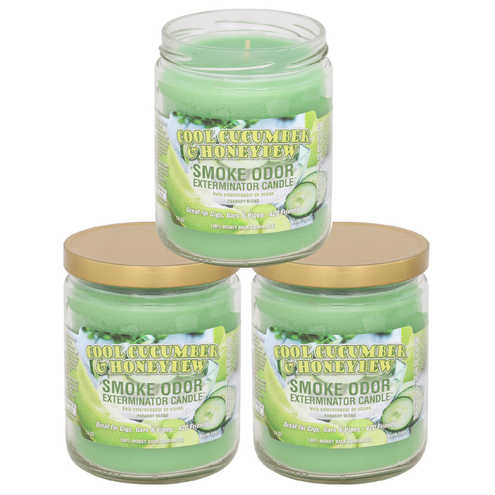 Smoke Odor Exterminator jar candle offers fresh scents in cool cucumber and honeydew.