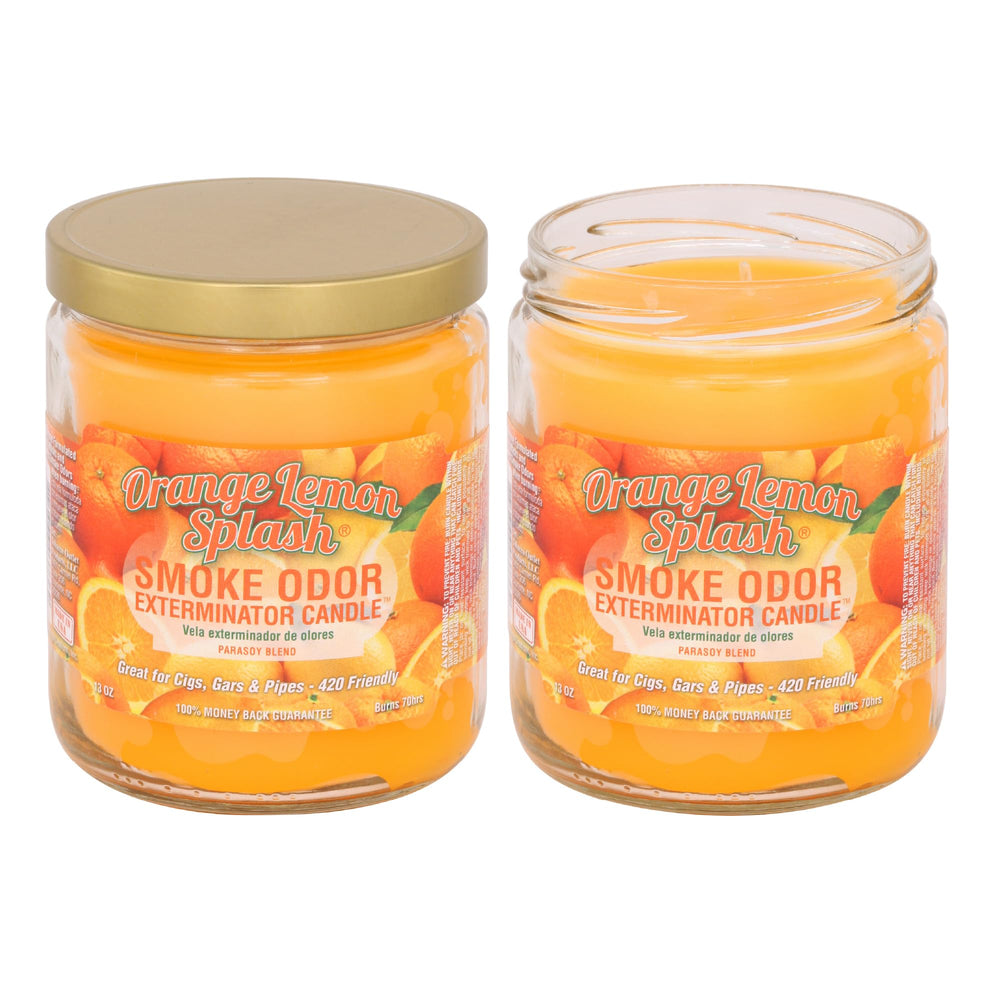 Smoke Odor Exterminator orange lemon jar candle helps reduce tobacco and pet odors.