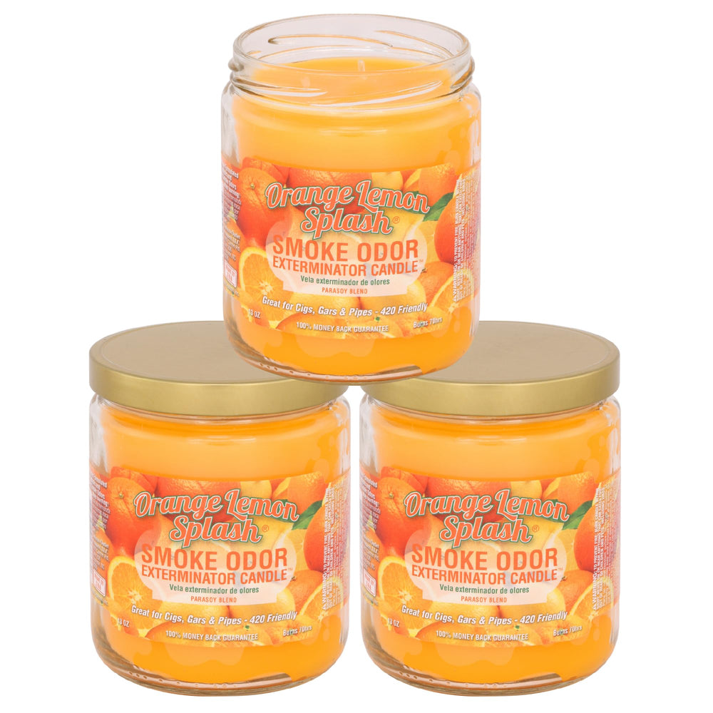 Smoke Odor Exterminator orange lemon splash jar candle neutralizes odors while filling the room with a bright citrus aroma.