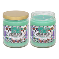 Smoke Odor Exterminator Sugar Skull jar candle, two-pack, designed to help reduce smoke odors.