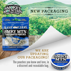 Smokey Mountain Arctic Mint pack back highlights nicotine-free identity and flavor variety.