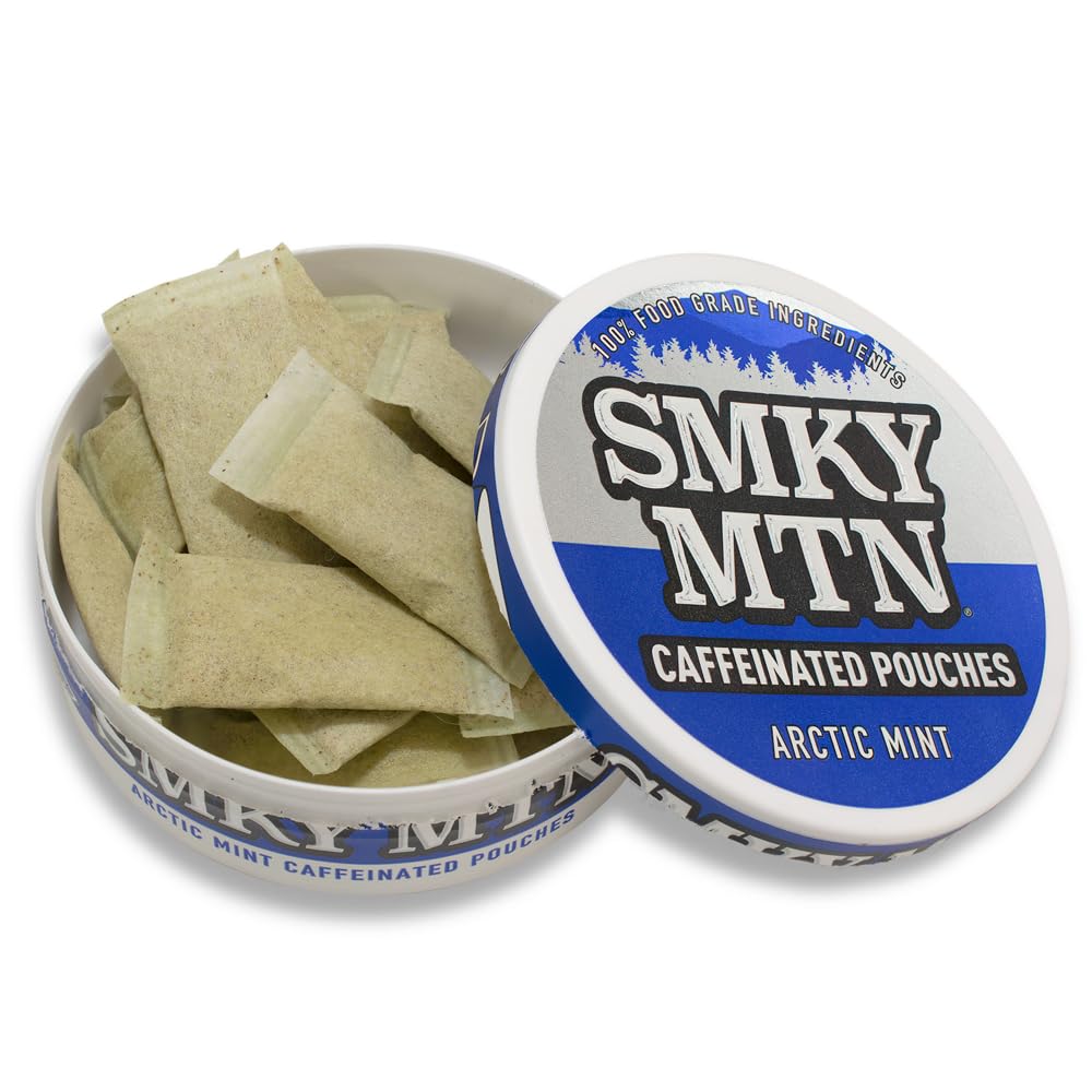 Smokey Mountain Arctic Mint pouch closeup, caffeinated and tobacco-free for discreet energy.