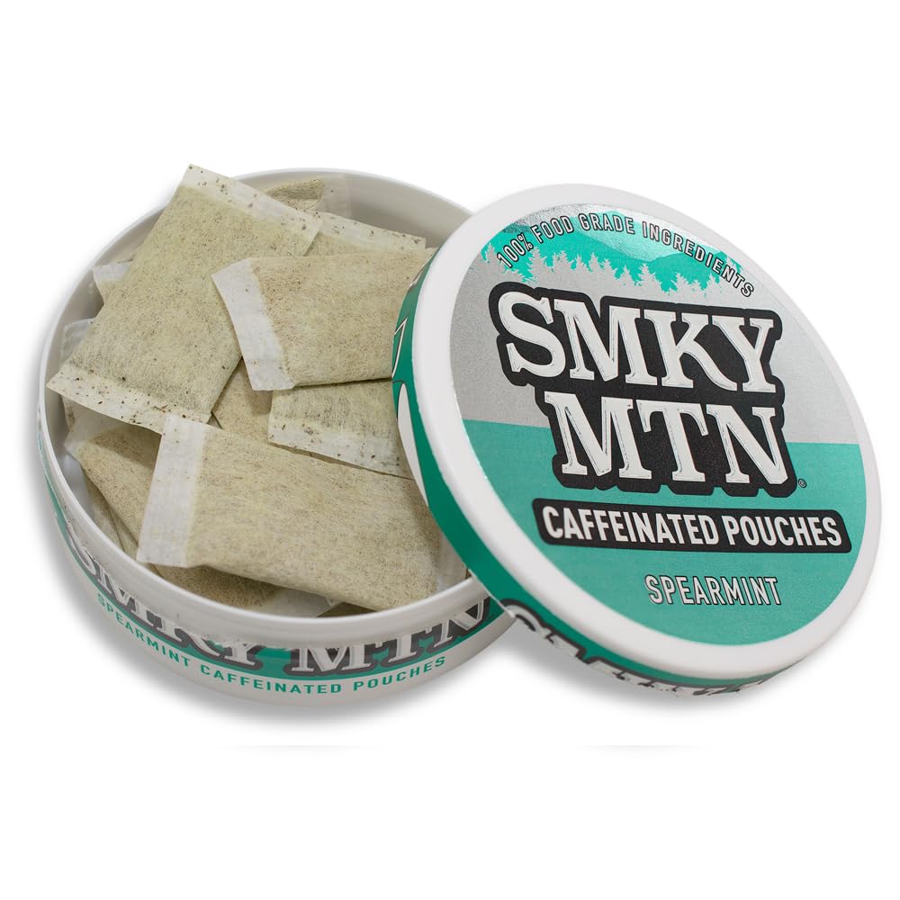 Smokey Mountain Spearmint caffeinated pouches can front showcase the minty, tobacco-free option.