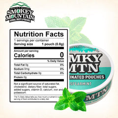 Smokey Mountain Spearmint open can reveals the full can and pouches inside.
