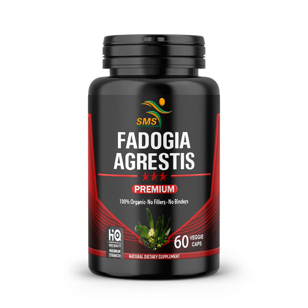 SMSHEALTHPRODUCTS Fadogia Agrestis bottle front, ideal for gym routines.