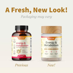 Snap Supplements Energy & Metabolism bottle side view shows capsules for easy daily use.
