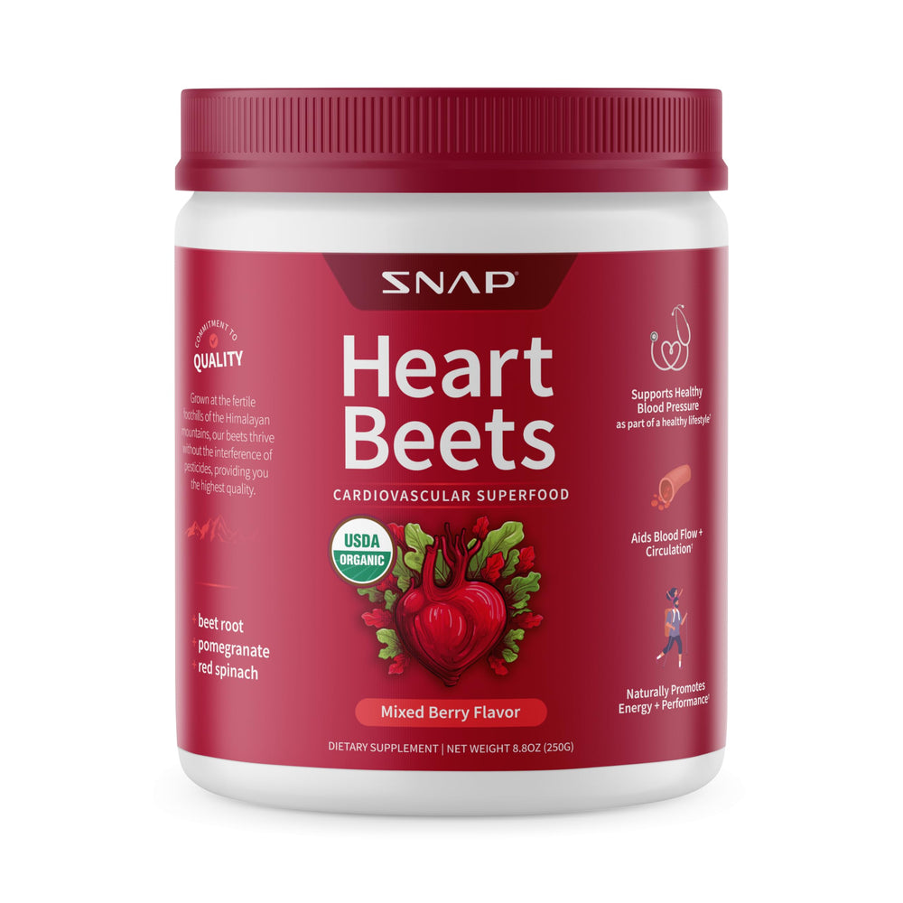 Heart Beets beetroot powder bottle by Snap Supplements for daily cardiovascular support