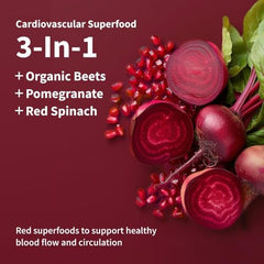 Closeup of Heart Beets label showing organic beetroot ingredients and berry branding