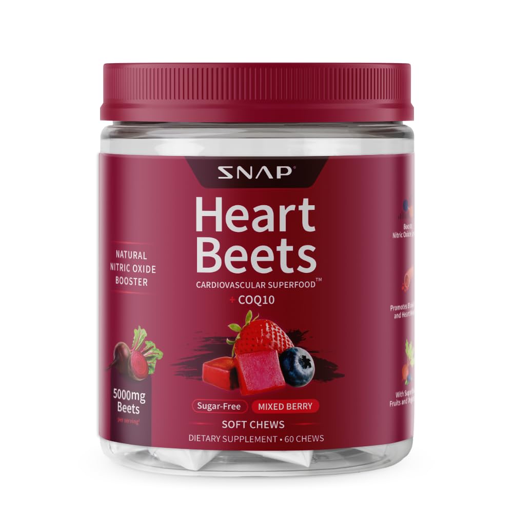 Snap Supplements Heart Beets soft chews bottle on table for everyday cardiovascular support.
