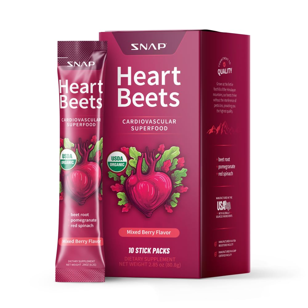 Snap Supplements Heart Beets front view, portable on-the-go wellness with nitrate-rich ingredients.