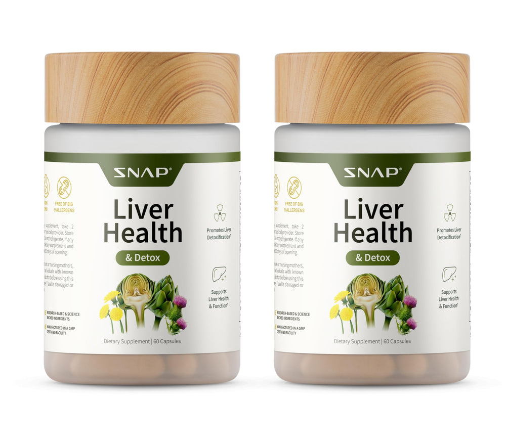 Snap Supplements liver health bottle showing daily support for liver wellness