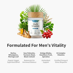 Snap Supplements Men's Multivitamin bottle highlights Vitamin D for mood and endurance support.
