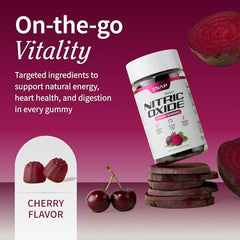 Snap Supplements Nitric Oxide Beet Root Gummies bottle back detailing ingredients and non-GMO formulation.