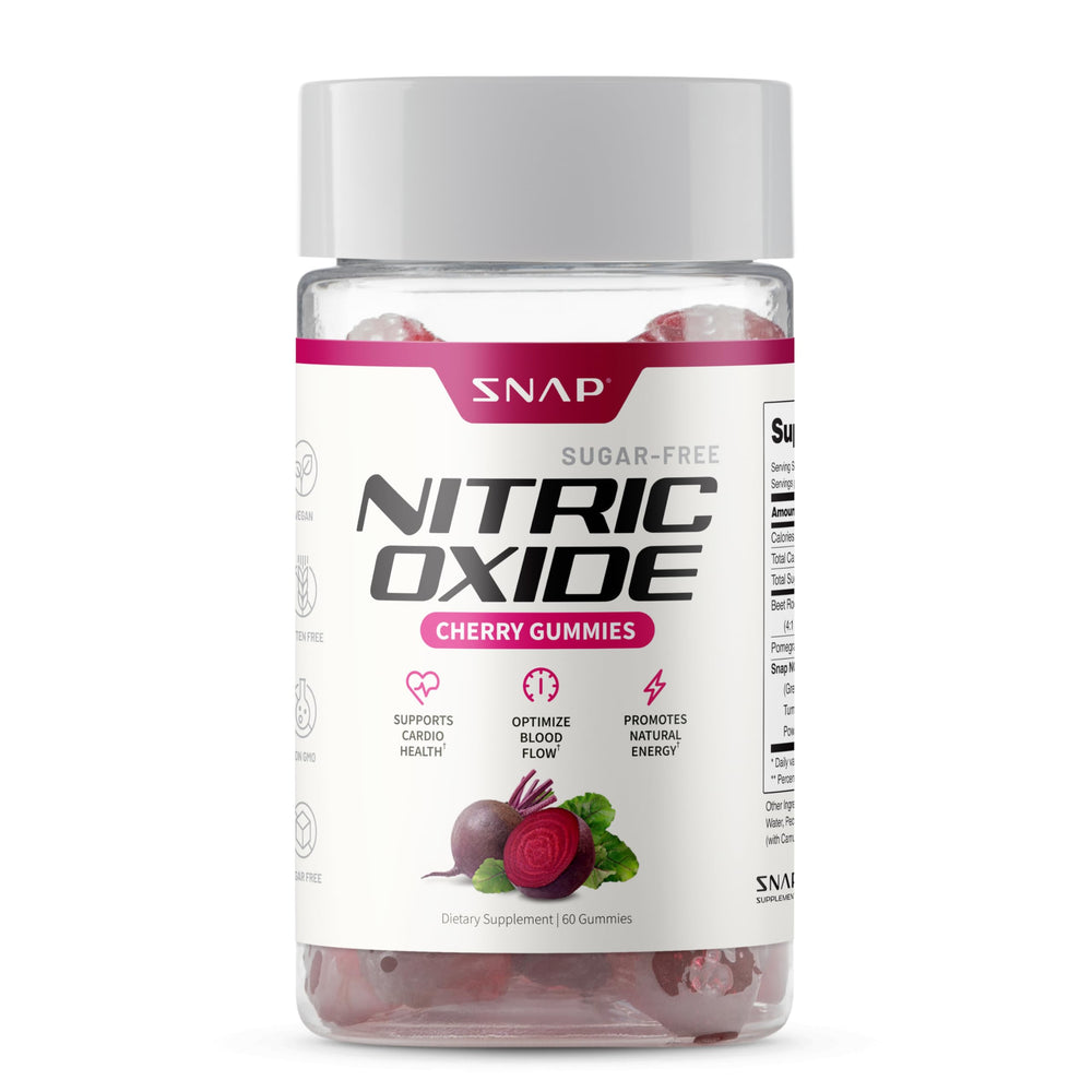 Snap Supplements Nitric Oxide Beet Root Gummies bottle front for easy daily energy support.