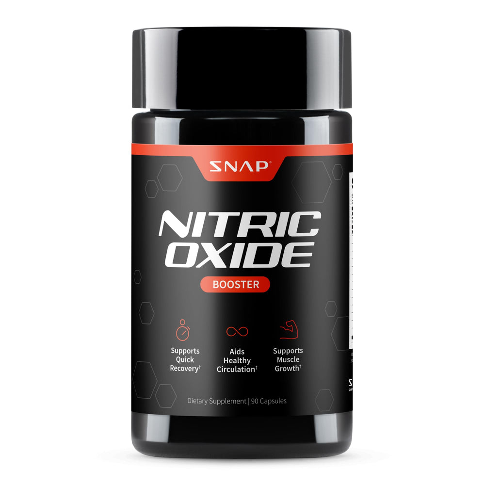 Snap Supplements Nitric Oxide bottle with capsules, supporting natural energy and circulation.