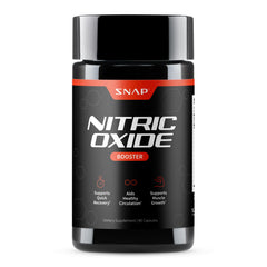 Snap Supplements Nitric Oxide bottle with capsules, supporting natural energy and circulation.