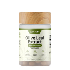 Snap Supplements Olive Leaf Extract bottle front shows high-potency oleuropein for daily wellness.