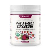 Snap Supplements organic beetroot powder bottle on counter for natural energy support.