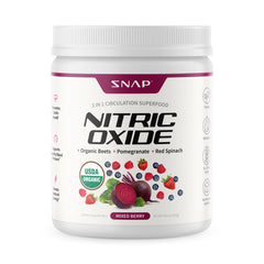 Snap Supplements organic beetroot powder bottle on counter for natural energy support.