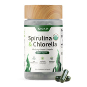 Snap Supplements bottle front with spirulina and chlorella for daily energy support.