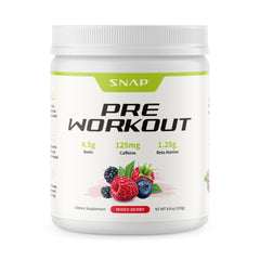 Snap Supplements pre-workout beet root powder label highlights natural energy support for workouts.