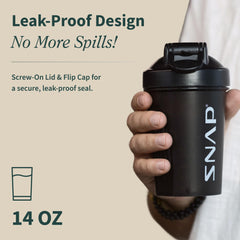 Snap Supplements shaker bottle with a secure lid for leak-free on-the-go hydration.