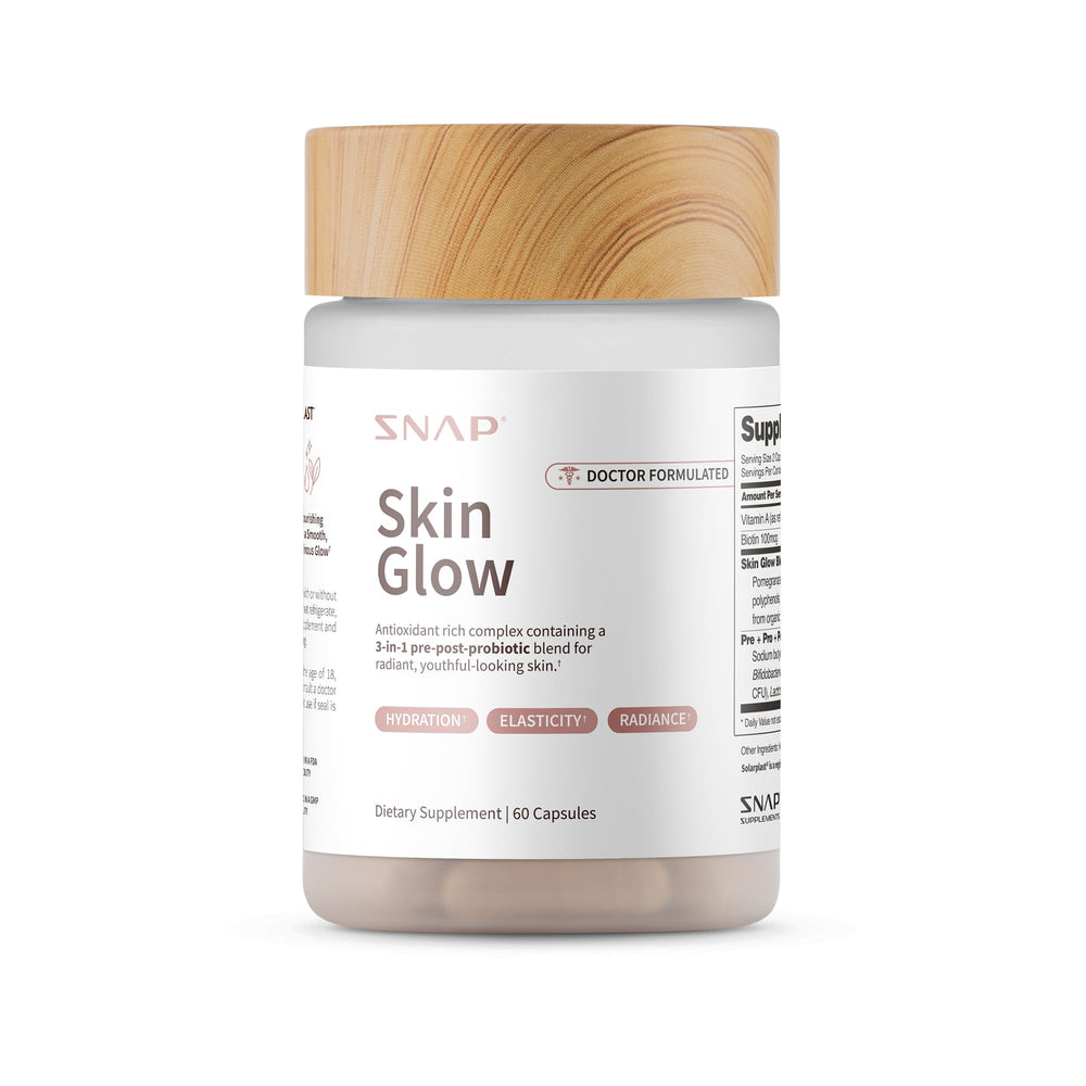 Snap Supplements Skin Glow bottle front showing radiant skin support for daily use