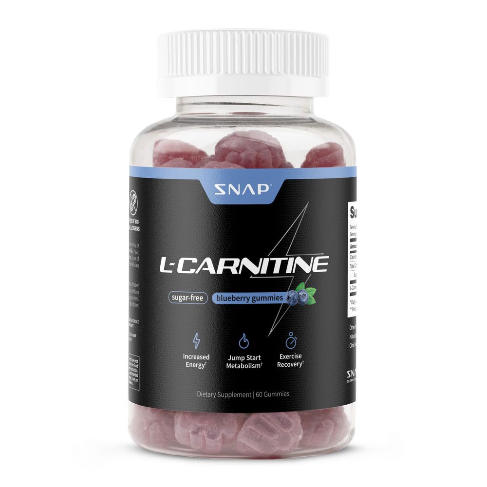 Snap Supplements sugar-free L-Carnitine gummies bottle shows convenient pre-workout energy support