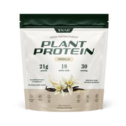 Snap Supplements vanilla bean vegan protein bottle on the counter for post-workout fueling.