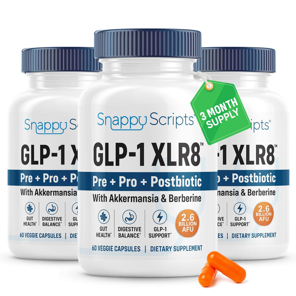 Snappy Scripts GLP-1 XLR8 bottle pour for easy daily dosing and gut support potential