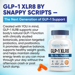 GLP-1 XLR8 label on Snappy Scripts bottle highlighting vegan and non-GMO attributes.