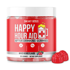 Sneaky Booze Happy Hour Aid gummies bottle for post-drinking recovery and hydration.