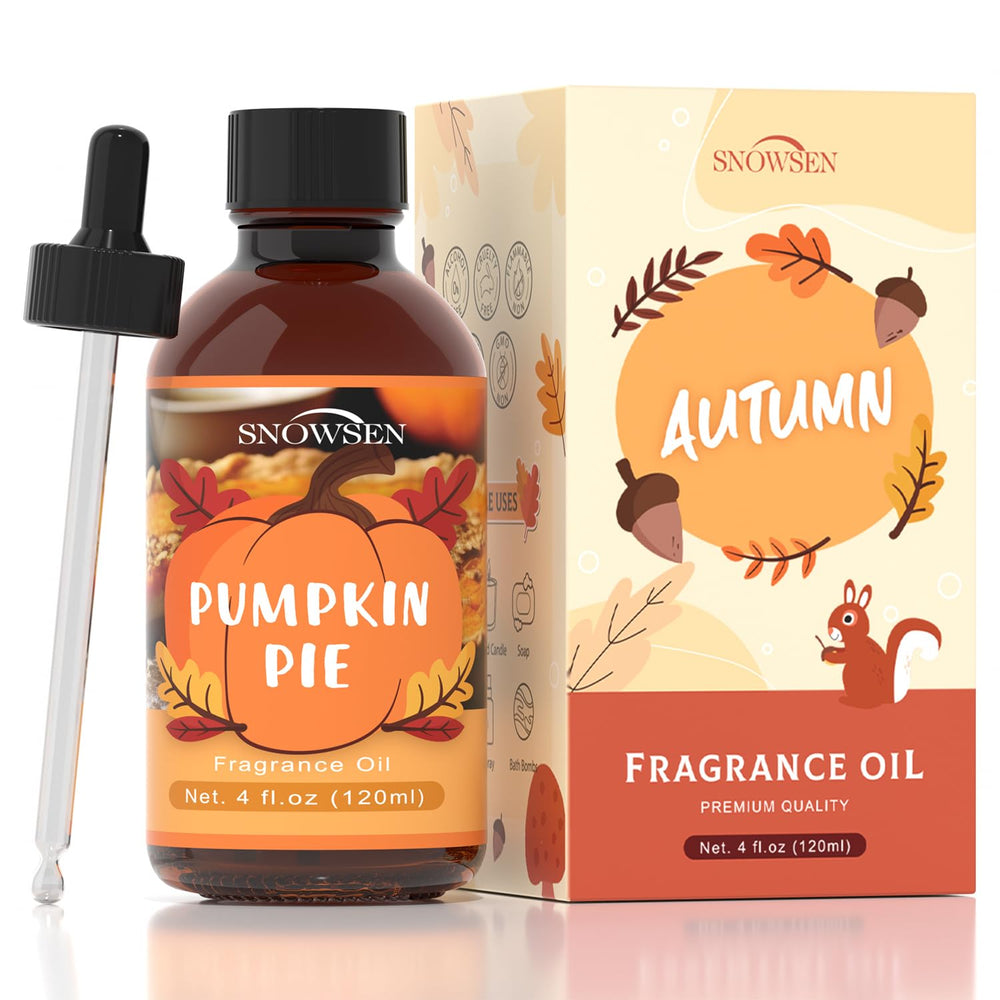 SNOWSEN Pumpkin Pie fragrance oil pour showcases warm autumn notes ideal for diffusing.
