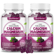 Softbear Calcium Magnesium Zinc Gummies bottle front showing elderberry flavor for daily bone support.