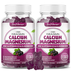 Softbear Calcium Magnesium Zinc Gummies bottle front showing elderberry flavor for daily bone support.