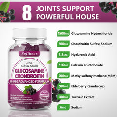 Softbear gummies bag label showing 1500 mg glucosamine, 1000 mg MSM, 200 mg chondroitin.
