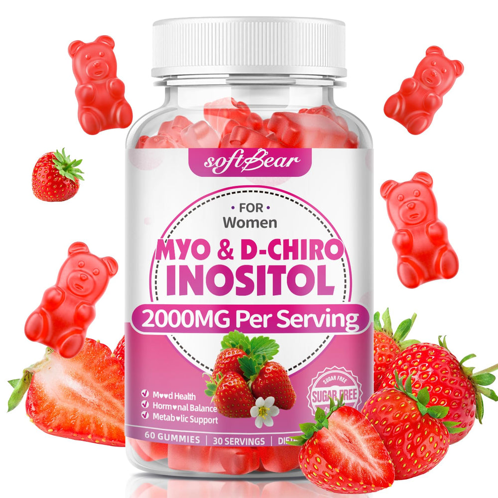 SoftBear Inositol Strawberry Gummies bottle showing the 60-count container for daily use.
