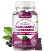 Softbear glucosamine chondroitin elderberry gummies jar on countertop for joint support.