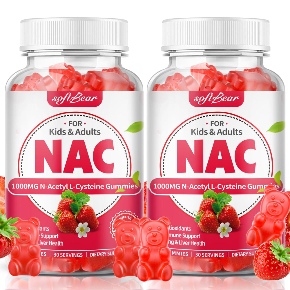 SoftBear NAC gummies bottle pour shows 1000mg per serving, potential immune support