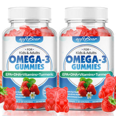 SoftBear Omega 3 Gummies bottle label; vegan algae-derived omega 3 for daily wellness.