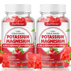 Softbear potassium gummies package front shows vegan, sugar-free formula for daily muscle health