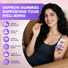 Softbear saffron gummies kids-taking depicts child-friendly, safe daily supplement.