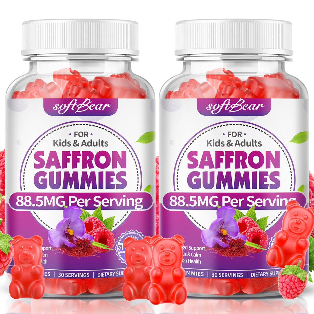 Softbear saffron gummies for kids with raspberry flavor supporting calm and focus.